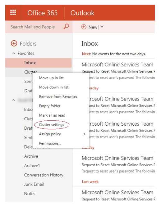 office 365 email clutter folder